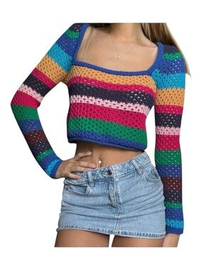 ZARA Multicolor Striped Crochet Crop Sweater, Size M.